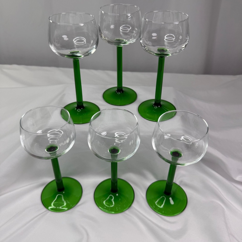 Luminarc France Green Stem Wine Glasses Set of 6 Emerald MCM Vintage Barware